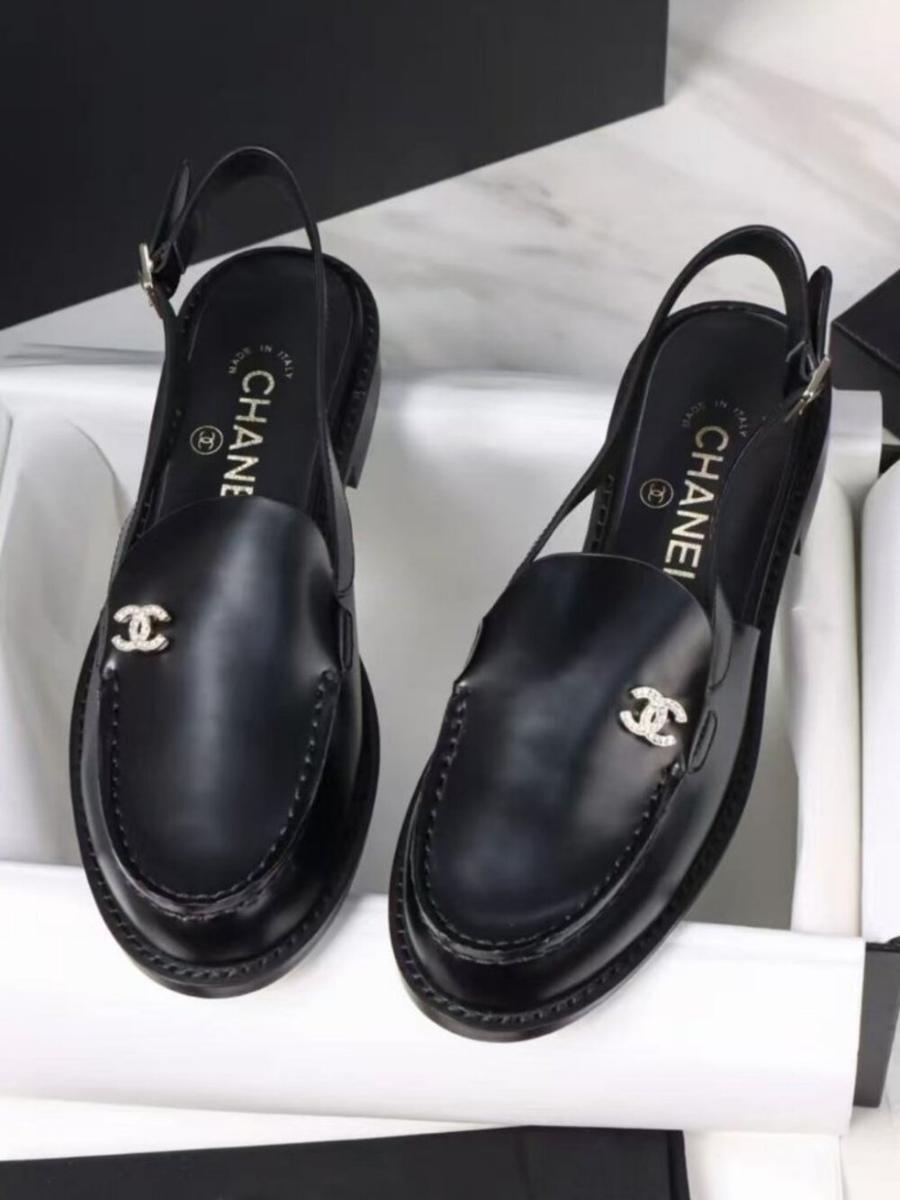 CHANEL Black Round‑Toe Slingback Strap Casual Loafers